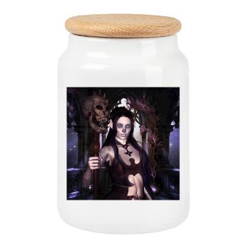 The dark princess with skulls. - Cookie Jar with Wooden Lid - white - Front