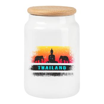 Thailand / Buddha / Elephants / Gift / Siam - Cookie Jar with Wooden Lid - white - Front