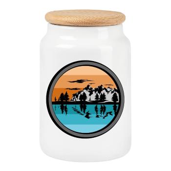 camping travel natural lake mountain lake landscape symbol - Cookie Jar with Wooden Lid - white - Front