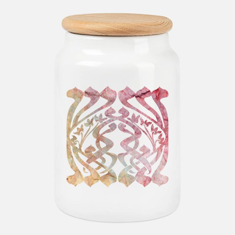 Watercolour leaf pattern with floral design - Cookie Jar with Wooden Lid - white