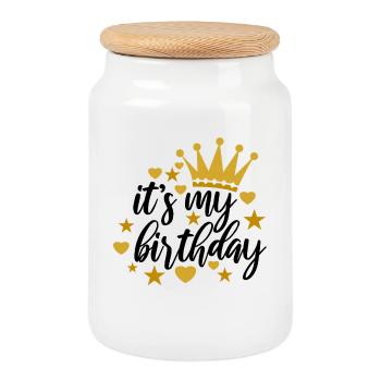 Joyeux anniversaire en disant des dictons - Boîte à biscuits avec couvercle en bois - blanc - Devant