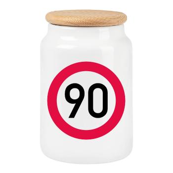 90th birthday Attention! Traffic sign 90 Km/h - Cookie Jar with Wooden Lid - white - Front