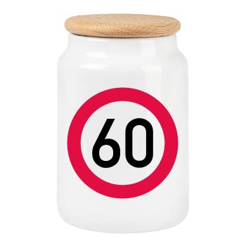 60 ans Attention ! Panneau de signalisation 60 km/h - Boîte à biscuits avec couvercle en bois - blanc - Devant