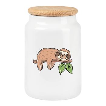 Paresseux sur une branche avec feuilles - Boîte à biscuits avec couvercle en bois - blanc - Devant