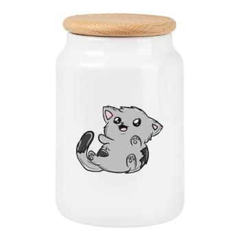 Cuddly Kitten Gray Velcro Cartoon - Cookie Jar with Wooden Lid - white - Front
