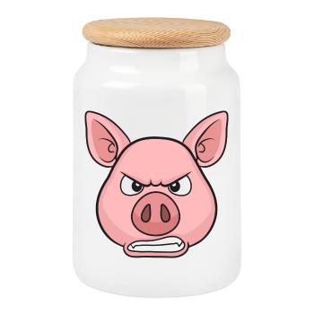 Angry Pig Cartoon Stare - Cookie Jar with Wooden Lid - white - Front