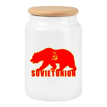 Soviet Union bear with flag - Cookie Jar with Wooden Lid - white - Front