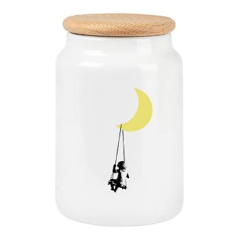 Kleinkind schaukelt unter Mond StreetArt - Keksdose mit Holzdeckel - Weiß - Vorne
