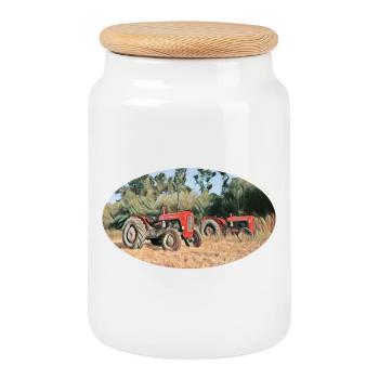 Tracteurs rouges sur le terrain - Boîte à biscuits avec couvercle en bois - blanc - Devant