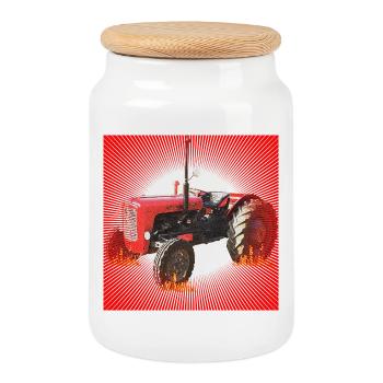 Fire-red tractor in the inferno - Cookie Jar with Wooden Lid - white - Front