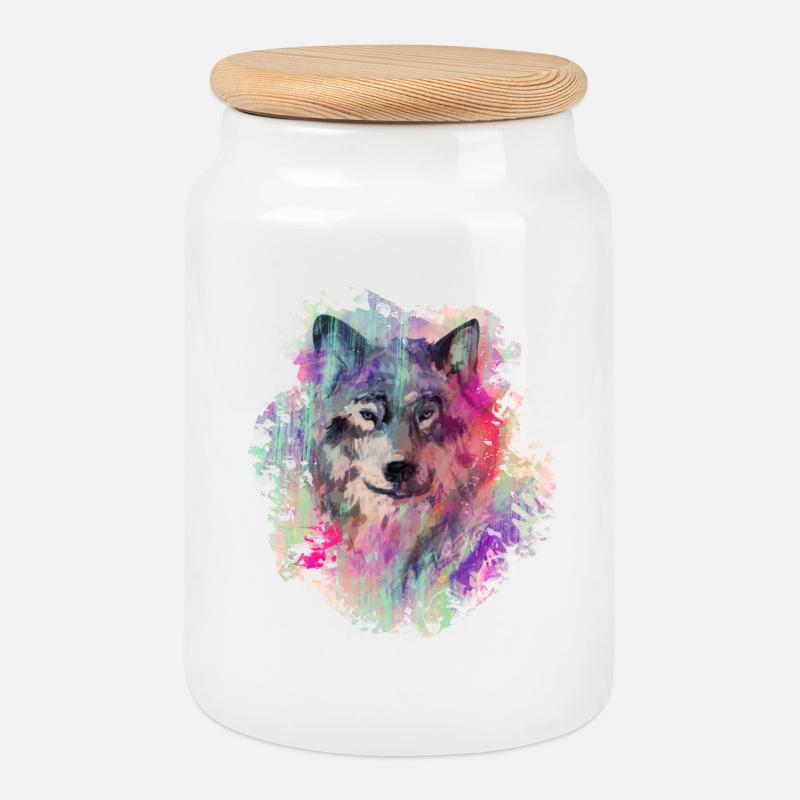 Wolf in the North Colour version - Cookie Jar with Wooden Lid - white