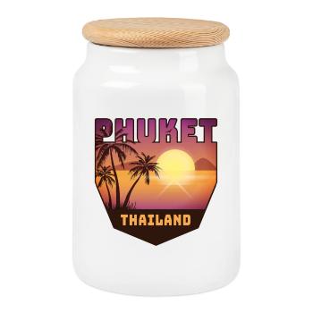 Phuket design with palm trees and sun / gift - Cookie Jar with Wooden Lid - white - Front