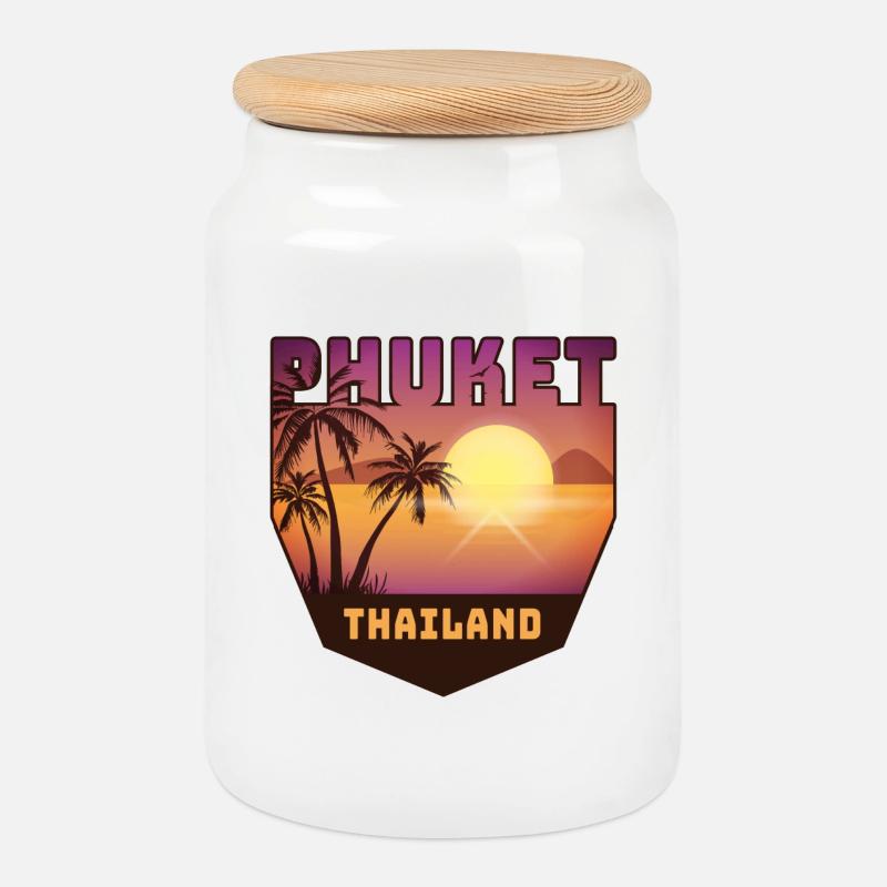 Phuket Design mit Palmen und Sonne / Geschenk - Keksdose mit Holzdeckel - Weiß