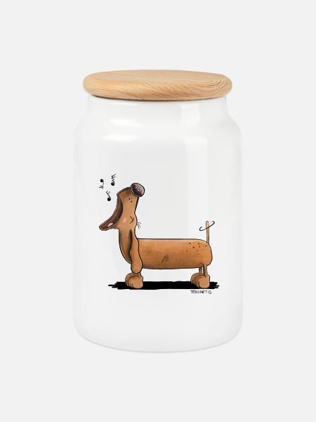 Jaulender Dackel - Dachshund - Comic - Keksdose mit Holzdeckel - Weiß