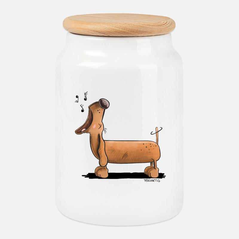 Jaulender Dackel - Dachshund - Comic - Keksdose mit Holzdeckel - Weiß