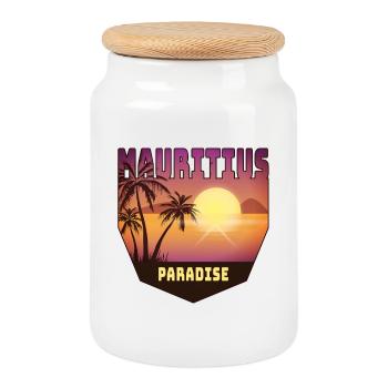 Mauritius design with palm trees and sun / gift - Cookie Jar with Wooden Lid - white - Front