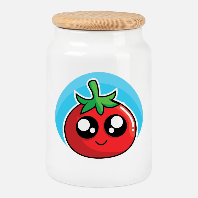 Fröhliche Tomate - Keksdose mit Holzdeckel - Weiß