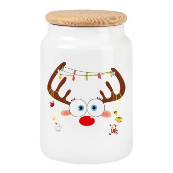 Weihnachtsren-Gesicht - Keksdose mit Holzdeckel - Weiß - Vorne