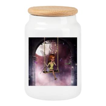 Little fairy on a swing with dragonfly - Cookie Jar with Wooden Lid - white - Front