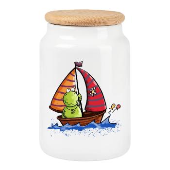 Frog at sea - Boat - Sailing - Ship - Comic - Cookie Jar with Wooden Lid - white - Front