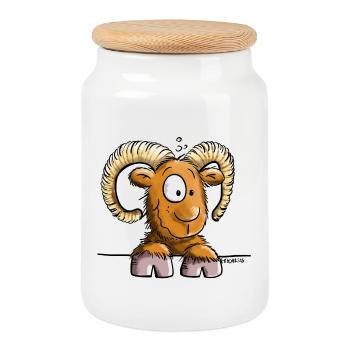 Funny Ram - Sheep - Aries - Cartoon - Gift - Cookie Jar with Wooden Lid - white - Front