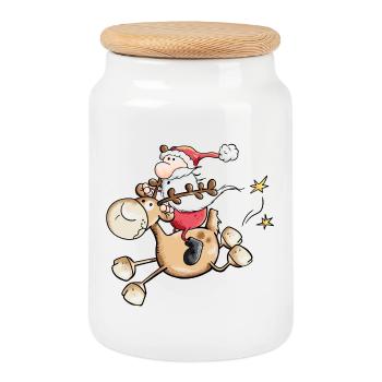 Père Noël monte un renne - Noël - Cadeau - Boîte à biscuits avec couvercle en bois - blanc - Devant