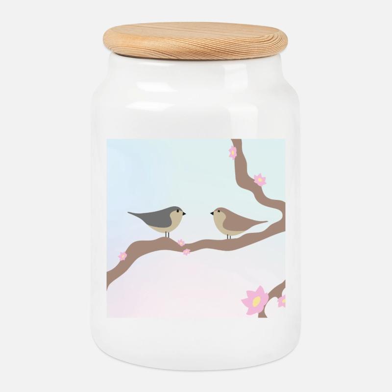 Spring birds - Cookie Jar with Wooden Lid - white