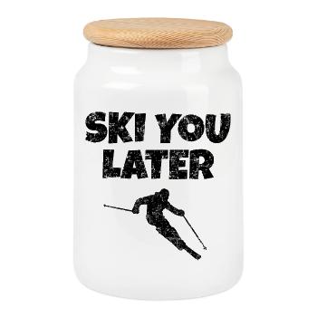 Ski you later (vintage / black) skier - Cookie Jar with Wooden Lid - white - Front