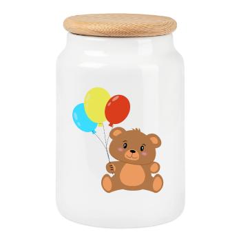 Ours en peluche avec des ballons - Boîte à biscuits avec couvercle en bois - blanc - Devant