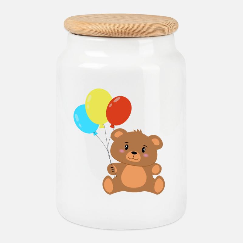 Teddybär mit Luftballons - Keksdose mit Holzdeckel - Weiß