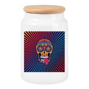 buntes Schädel Calavera mexikanisches Süßigkeits-Schädelplakat - Keksdose mit Holzdeckel - Weiß - Vorne