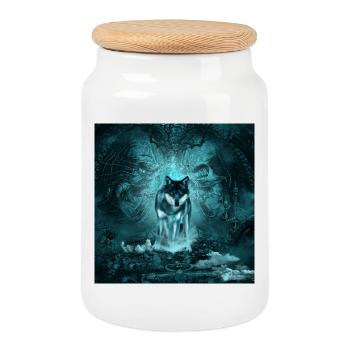 Loup génial la nuit - Boîte à biscuits avec couvercle en bois - blanc - Devant