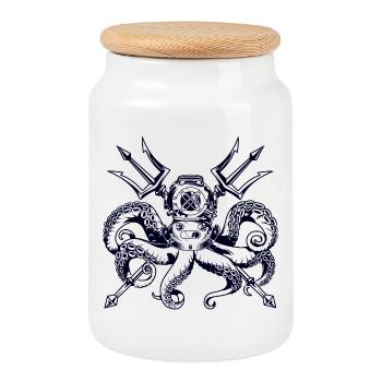 Trident Diving Octopus - Cookie Jar with Wooden Lid - white - Front
