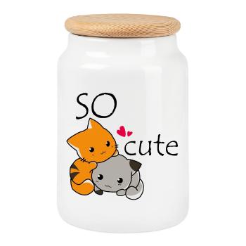 Câlin félin et chien coquin - Boîte à biscuits avec couvercle en bois - blanc - Devant
