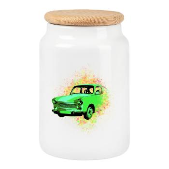 Carton Psychédélique Trabi GDR | Voiture culte - Boîte à biscuits avec couvercle en bois - blanc - Devant