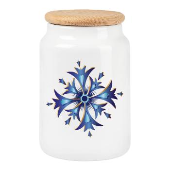 stylized cornflower amulet in blue and gold - Cookie Jar with Wooden Lid - white - Front