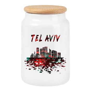 Tel Aviv Skyline / Gift Israel City - Cookie Jar with Wooden Lid - white - Front