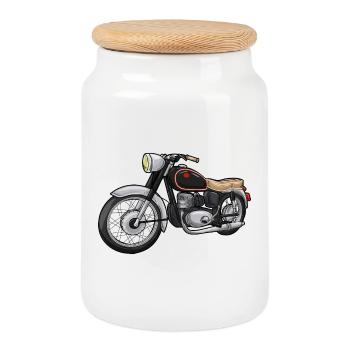 Cooles Motorrad - Keksdose mit Holzdeckel - Weiß - Vorne