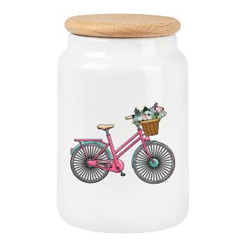 Women's Bicycle Flowers - Cookie Jar with Wooden Lid - white - Front