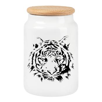 Tiger Drawing Big Cat Portrait Illustration - Cookie Jar with Wooden Lid - white - Front