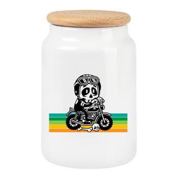 Moto crâne - Boîte à biscuits avec couvercle en bois - blanc - Devant