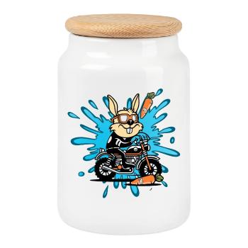 Cadeau moto lapin lapin - Boîte à biscuits avec couvercle en bois - blanc - Devant