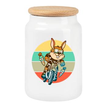 Cadeau de motocross lapin lapin - Boîte à biscuits avec couvercle en bois - blanc - Devant