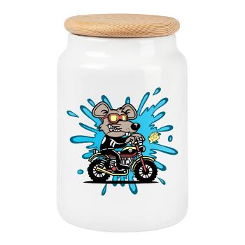 Souris rat fromage moto bande dessinée bande dessinée - Boîte à biscuits avec couvercle en bois - blanc - Devant
