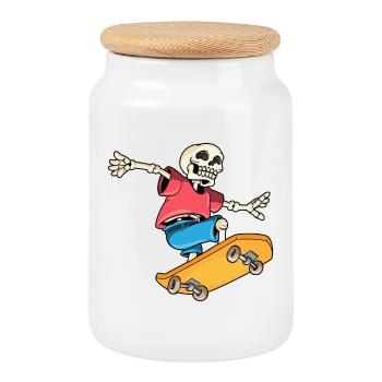 Skeleton Skater Skateboard - Cookie Jar with Wooden Lid - white - Front