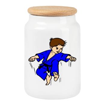 Costume bleu Karaté enfant ou judo enfant ceinture noire - Boîte à biscuits avec couvercle en bois - blanc - Devant