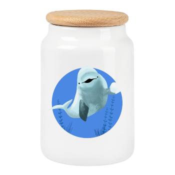Beluga cheerful in blue circle - Cookie Jar with Wooden Lid - white - Front