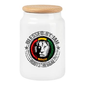 Reggae Lion Motif - Cookie Jar with Wooden Lid - white - Front