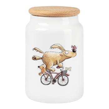 Funny dog on bike cartoon cyclist - Cookie Jar with Wooden Lid - white - Front