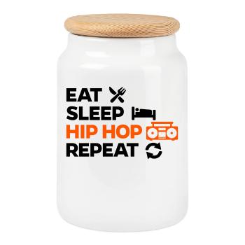 Eat Sleep Hip Hop HipHop Repeat Saying - Cookie Jar with Wooden Lid - white - Front